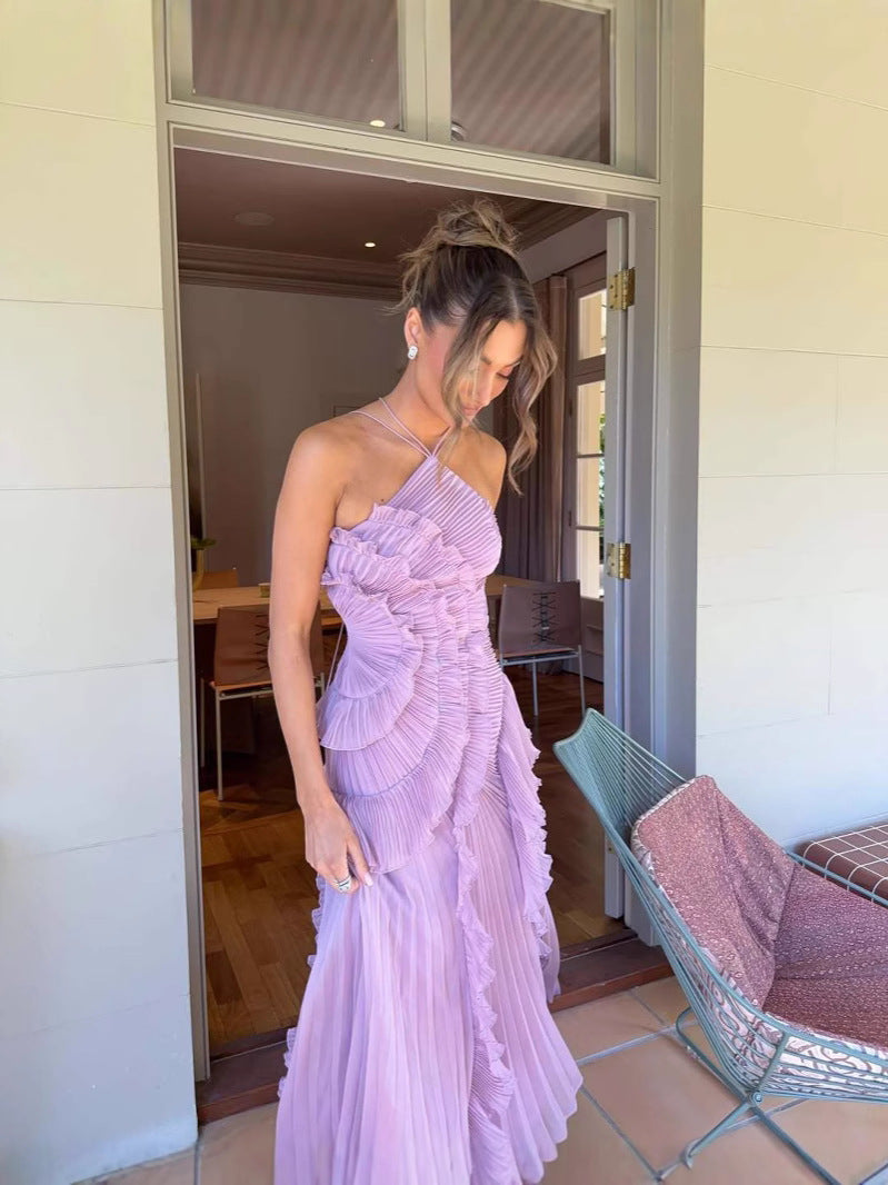 Abito Lungo Donna Plissettato con Scollo Halter e Volant Unici, Stile Elegante-83561-02a20977-ea14-4c4a-a51b-7a81933741e2