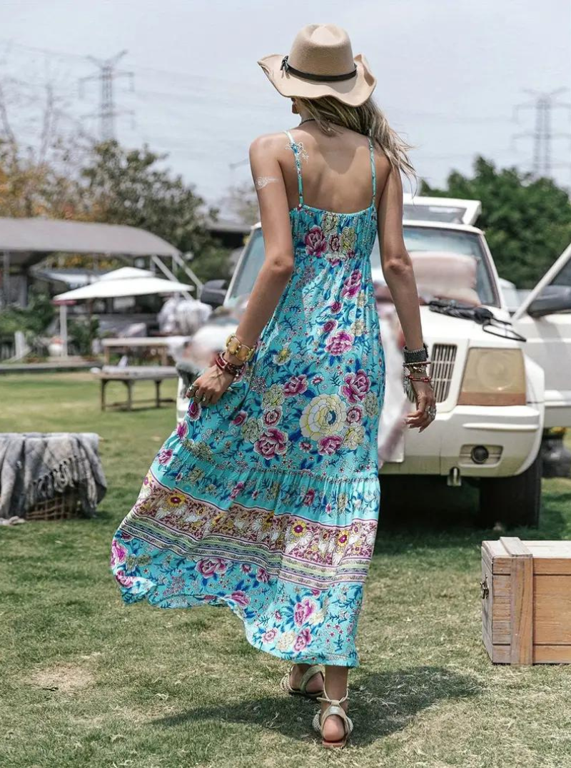 Abito Maxi Stile Bohémien con Stampa Floreale