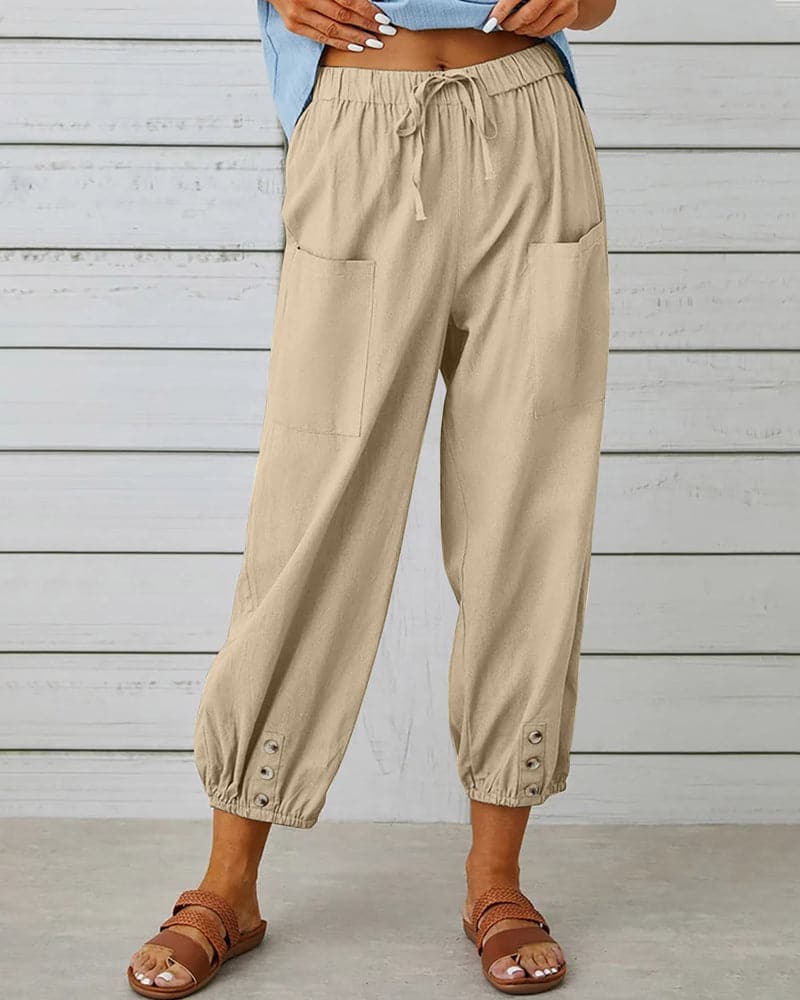 Dorio Moda Pantaloni Donna – Coulisse, Tasche, Dettaglio Bottone Caviglia, XS-XL-83253-079cc2dc-e2ae-4616-8645-34b9535e7e2e
