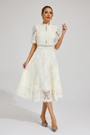 Abito Midi Donna in Pizzo – Scollo Alto, Dettaglio Cut-Out, Maniche Corte-83326-0c11029e-6311-4f80-9e21-75e5e4394292