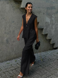 Completo Lino Donna – Top V-neck & Pantaloni Palazzo