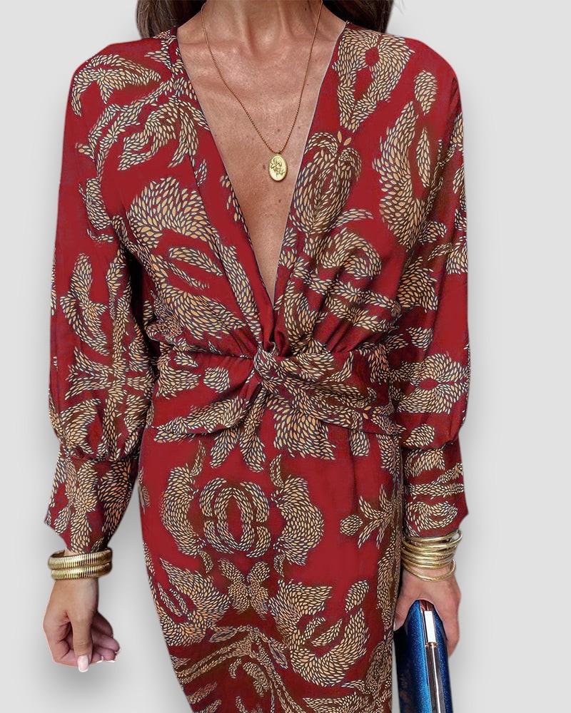 Abito Lungo da Donna Stampato Maniche Lunghe Scollo a V Nodo Vita-83293-0cd70f95-a68a-4a1f-a035-41577c935f07