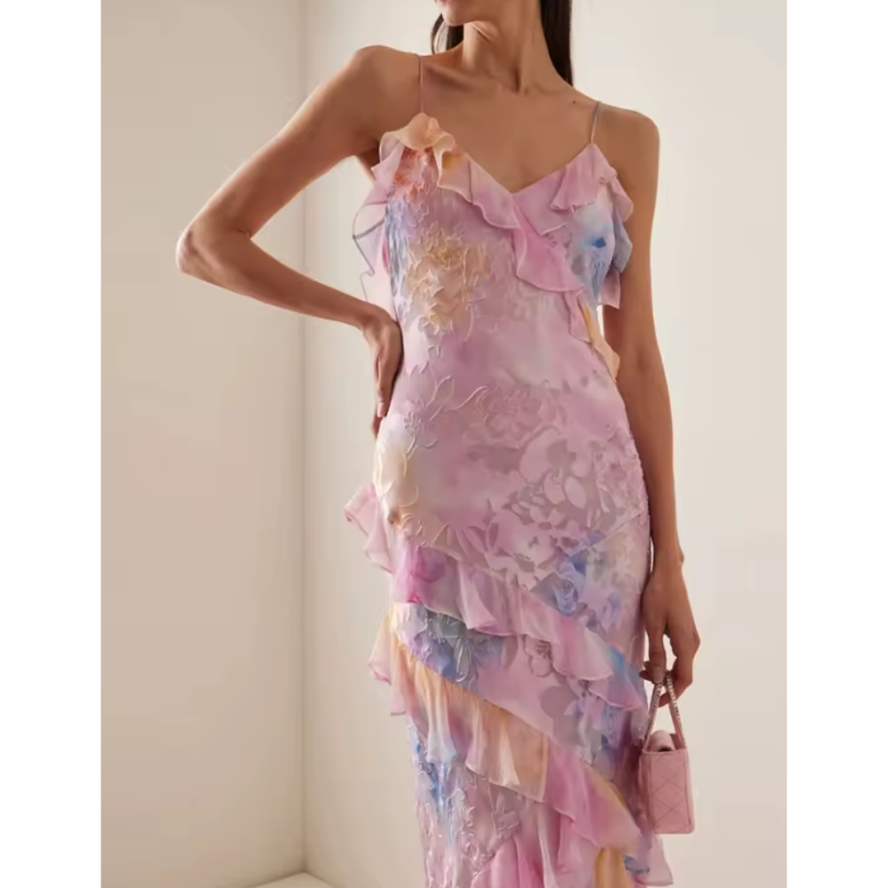 Abito Senza Maniche Floreale con Balze