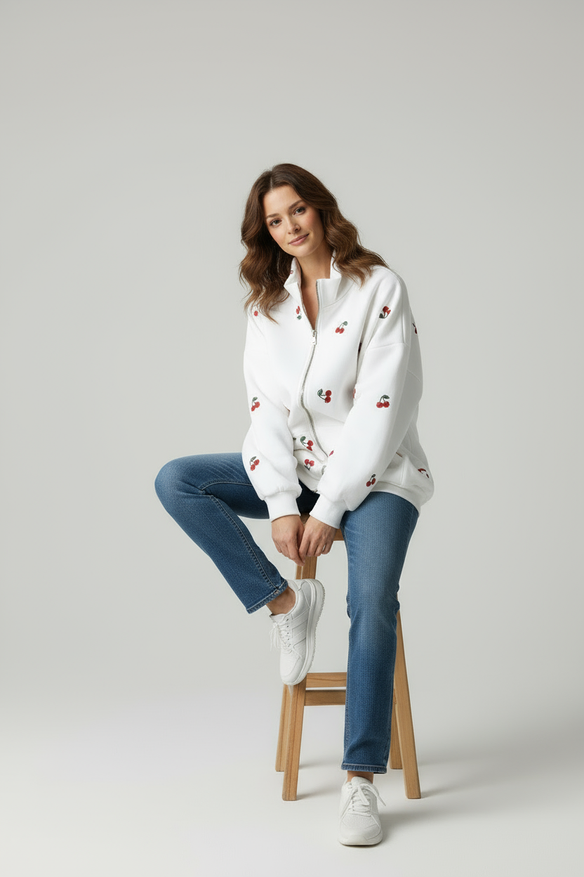 Felpa con Zip e Ciliegie Ricamate Oversize