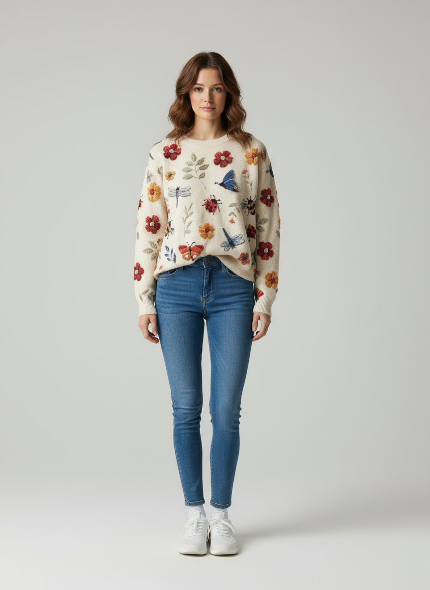Maglione in Maglia Floreale con Ricami Ispirati alla Natura