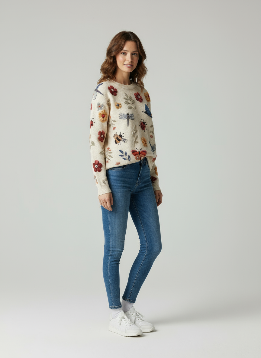 Maglione in Maglia Floreale con Ricami Ispirati alla Natura