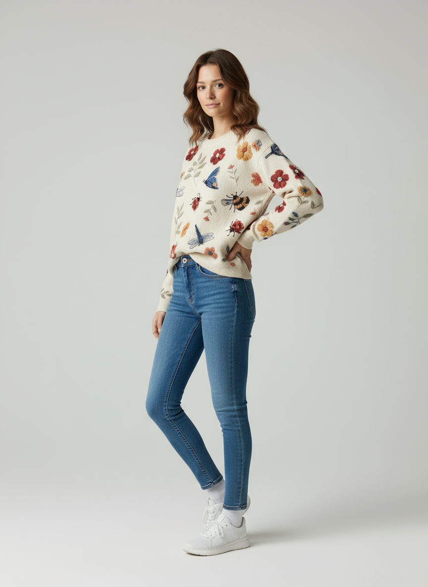 Maglione in Maglia Floreale con Ricami Ispirati alla Natura