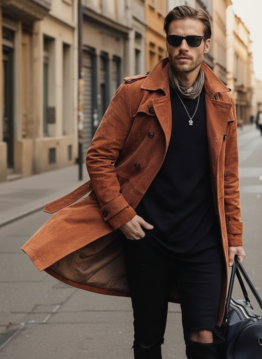 Matteo Cappotto Trench Elegante Effetto Camoscio Camel