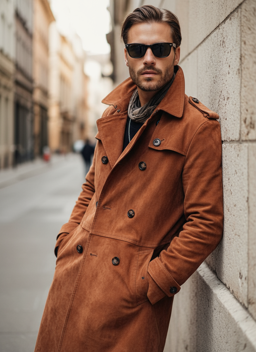 Matteo Cappotto Trench Elegante Effetto Camoscio Camel