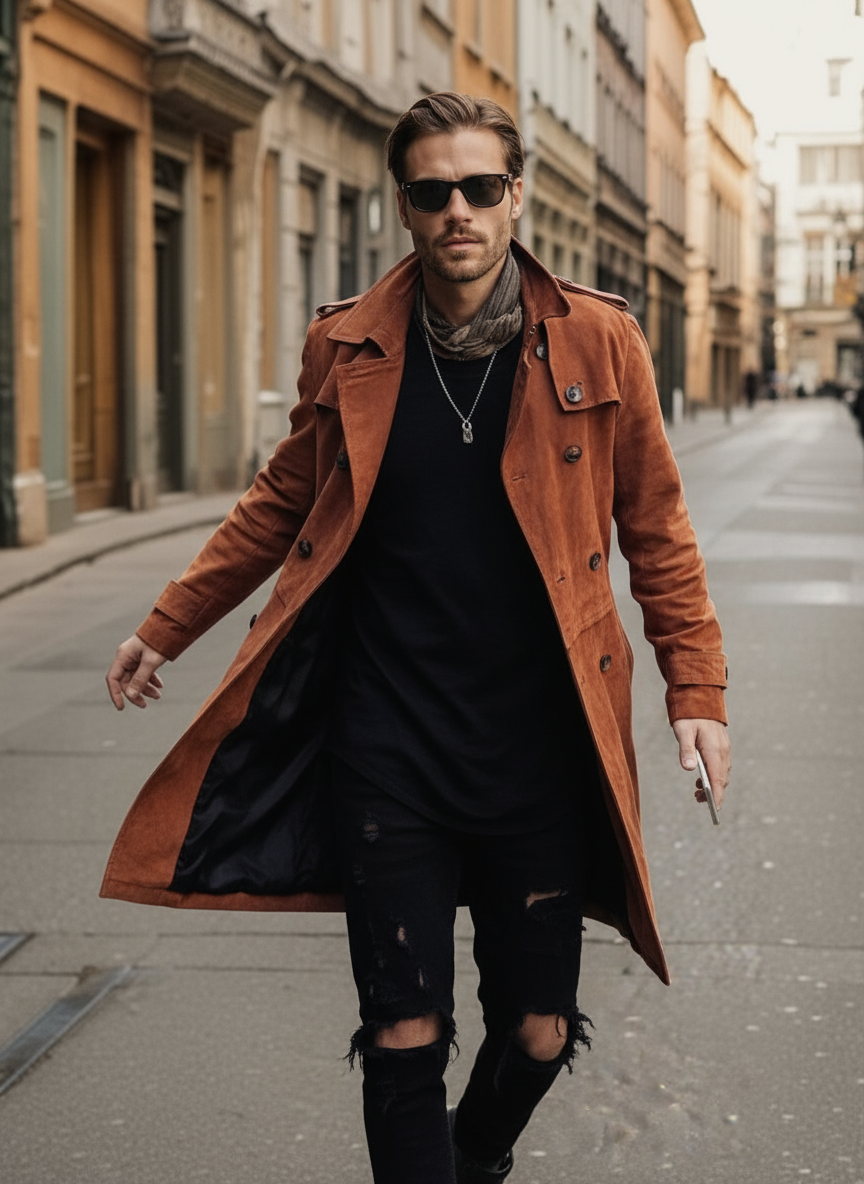 Matteo Cappotto Trench Elegante Effetto Camoscio Camel