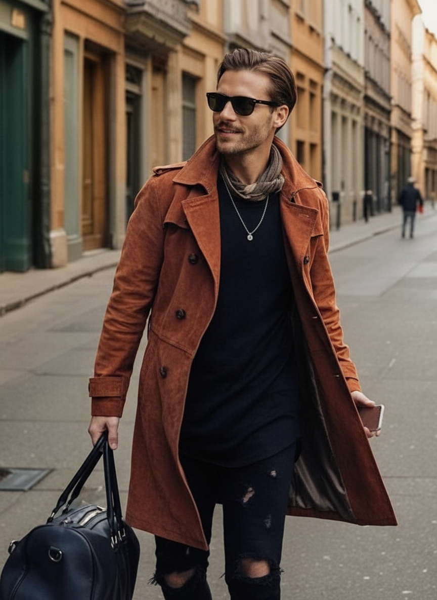 Matteo Cappotto Trench Elegante Effetto Camoscio Camel