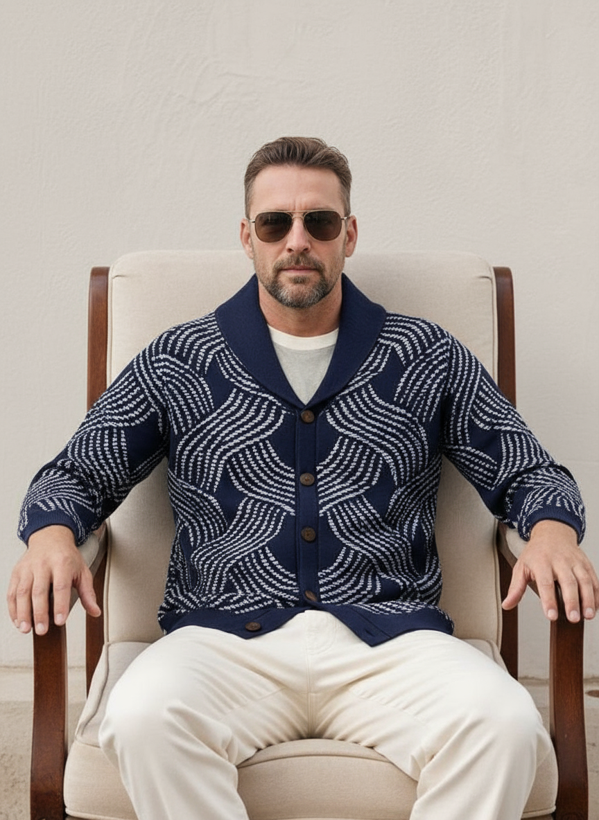 Leonardo Cardigan in maglia jacquard  con collo a sciarpa