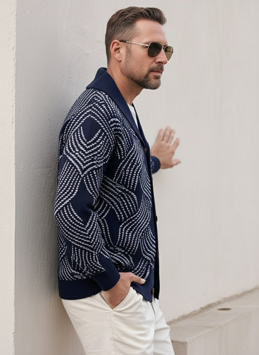 Leonardo Cardigan in maglia jacquard  con collo a sciarpa