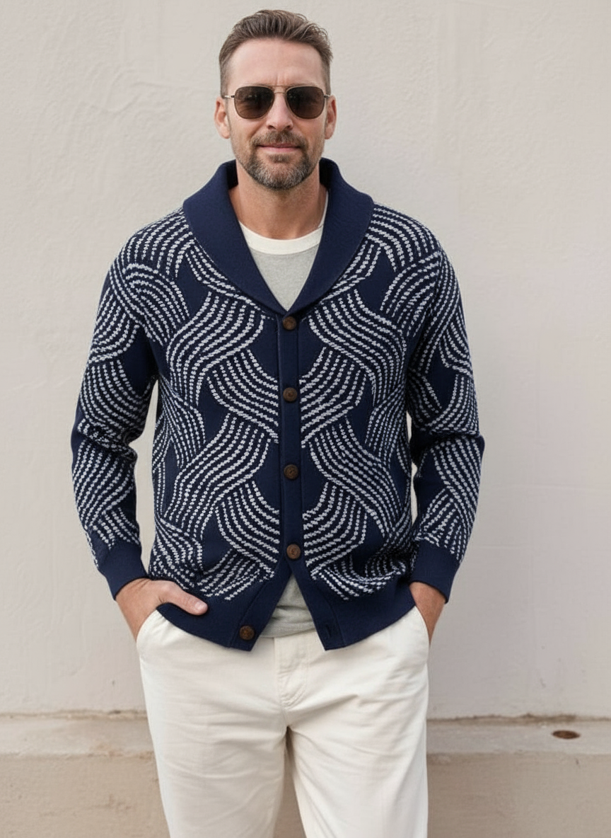 Leonardo Cardigan in maglia jacquard  con collo a sciarpa