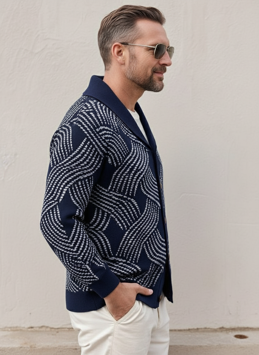 Leonardo Cardigan in maglia jacquard  con collo a sciarpa