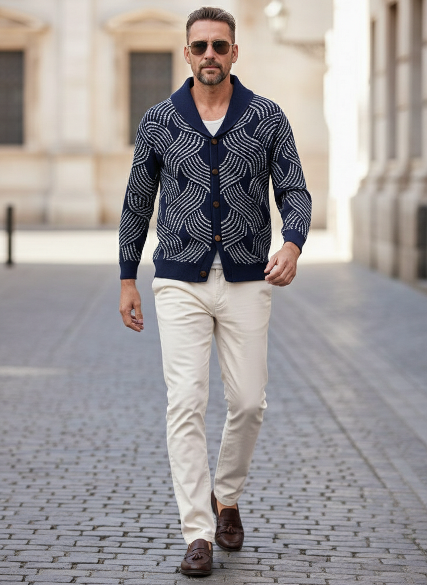 Leonardo Cardigan in maglia jacquard  con collo a sciarpa