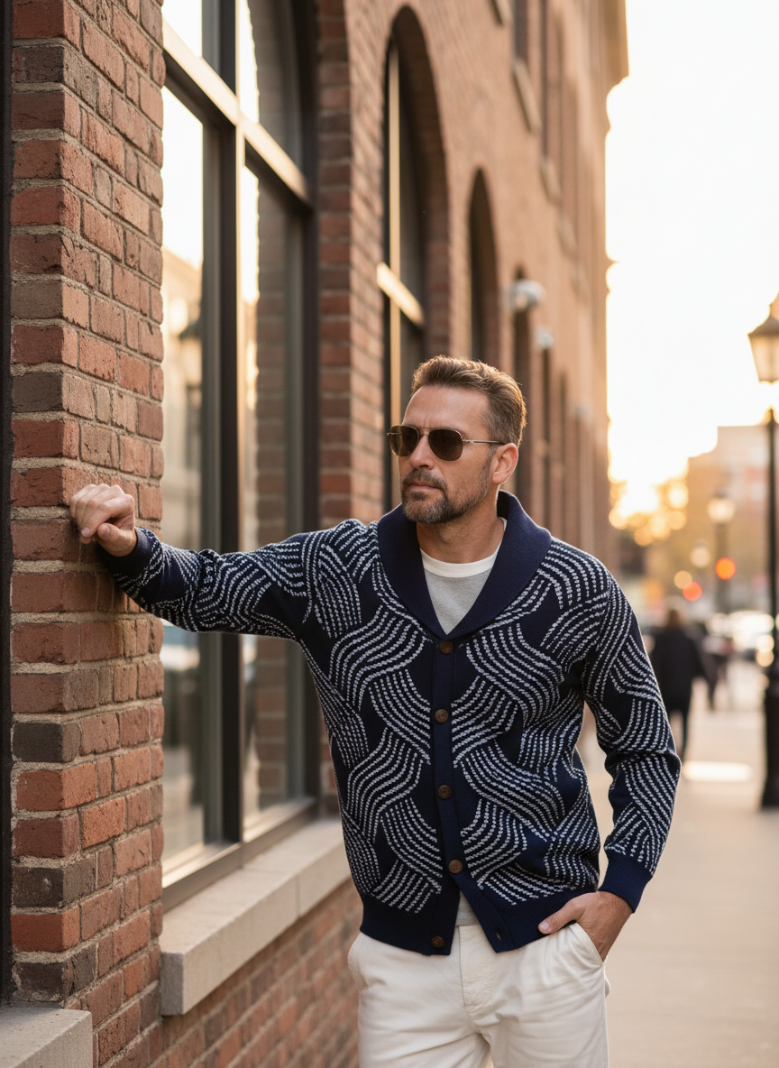 Leonardo Cardigan in maglia jacquard  con collo a sciarpa