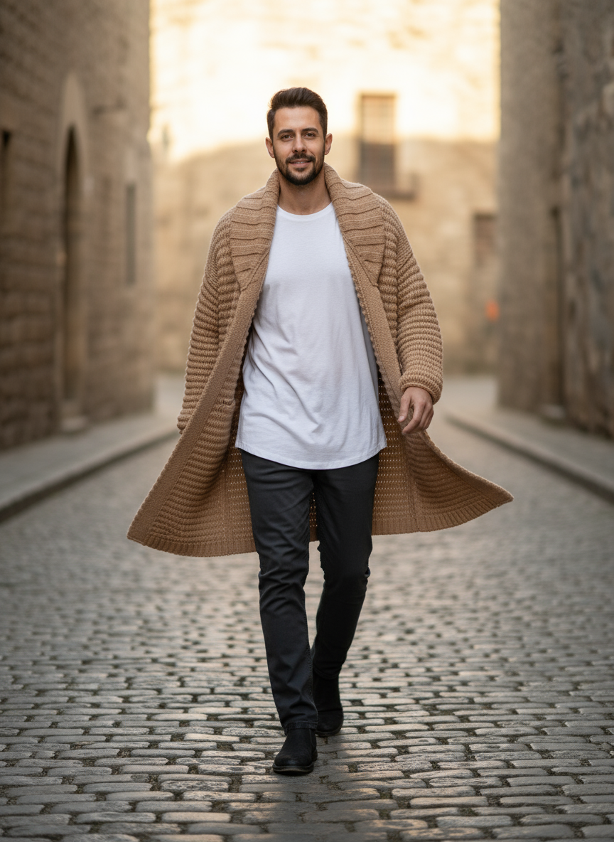Leo Cardigan Lungo a Coste con Collo a Revers in Misto Cotone