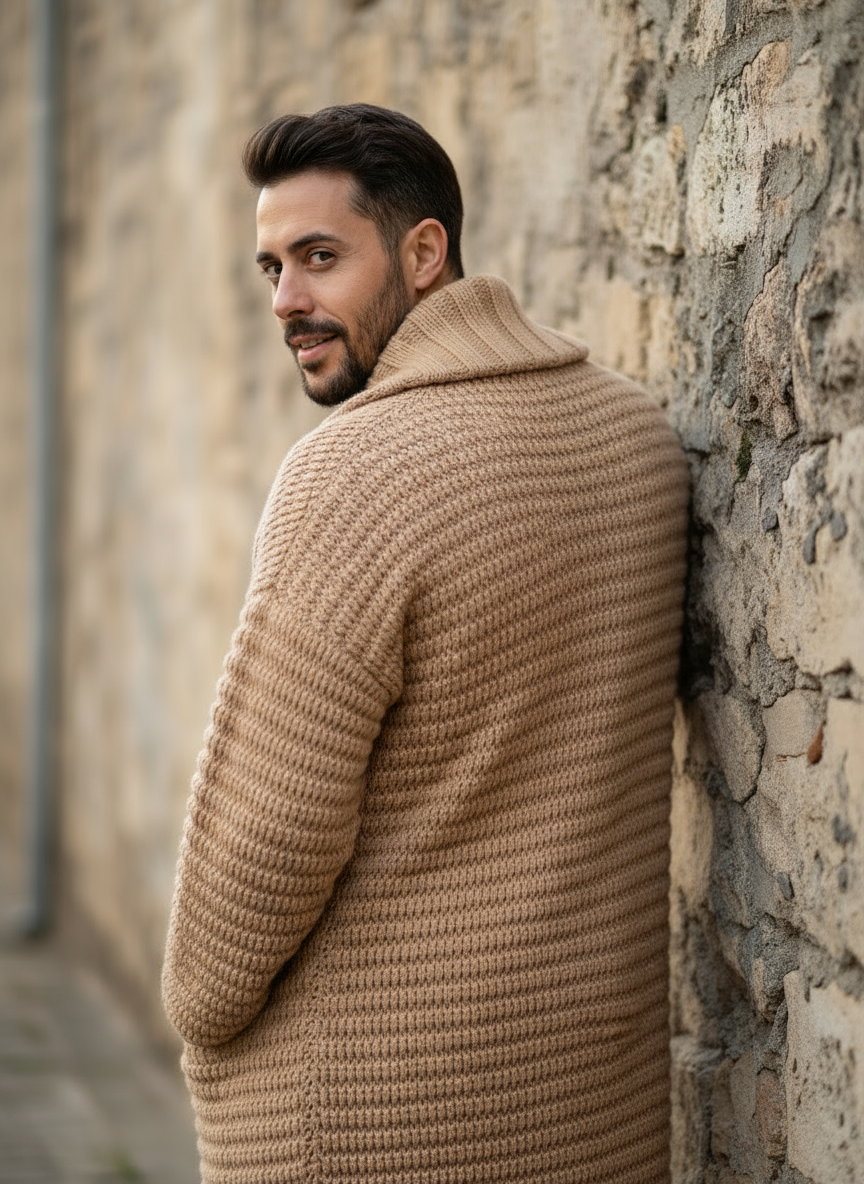Leo Cardigan Lungo a Coste con Collo a Revers in Misto Cotone