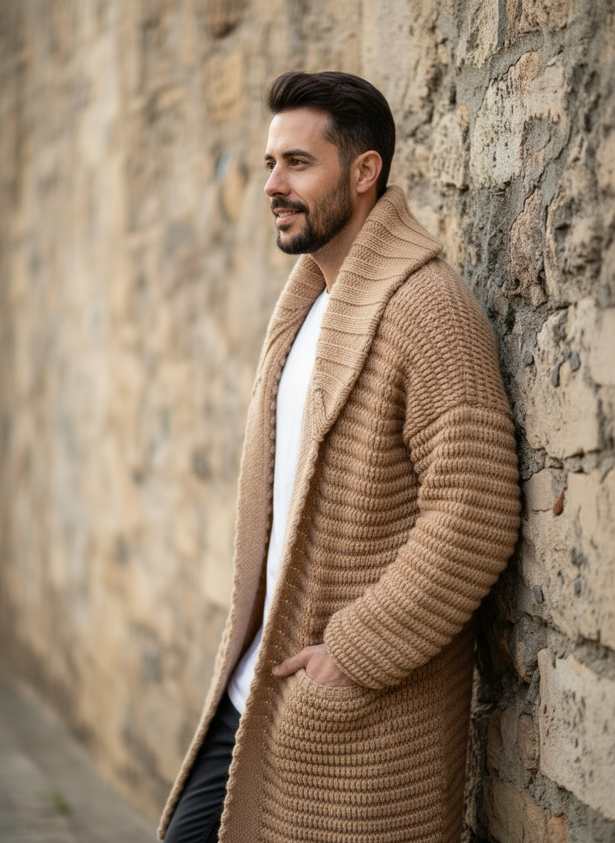 Leo Cardigan Lungo a Coste con Collo a Revers in Misto Cotone