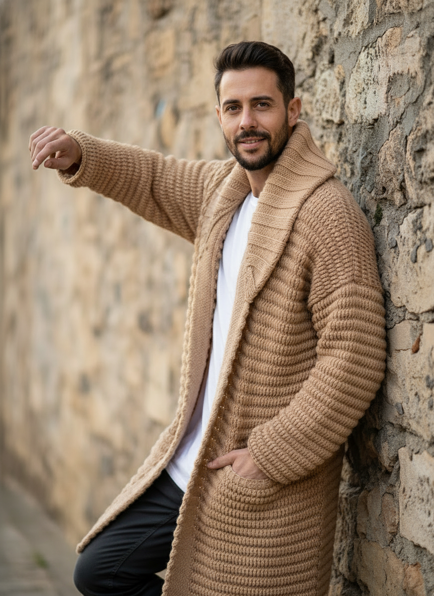 Leo Cardigan Lungo a Coste con Collo a Revers in Misto Cotone