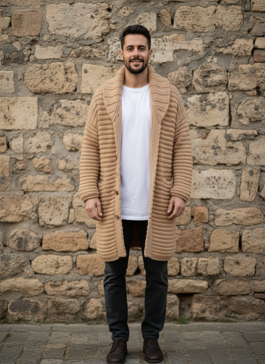 Leo Cardigan Lungo a Coste con Collo a Revers in Misto Cotone