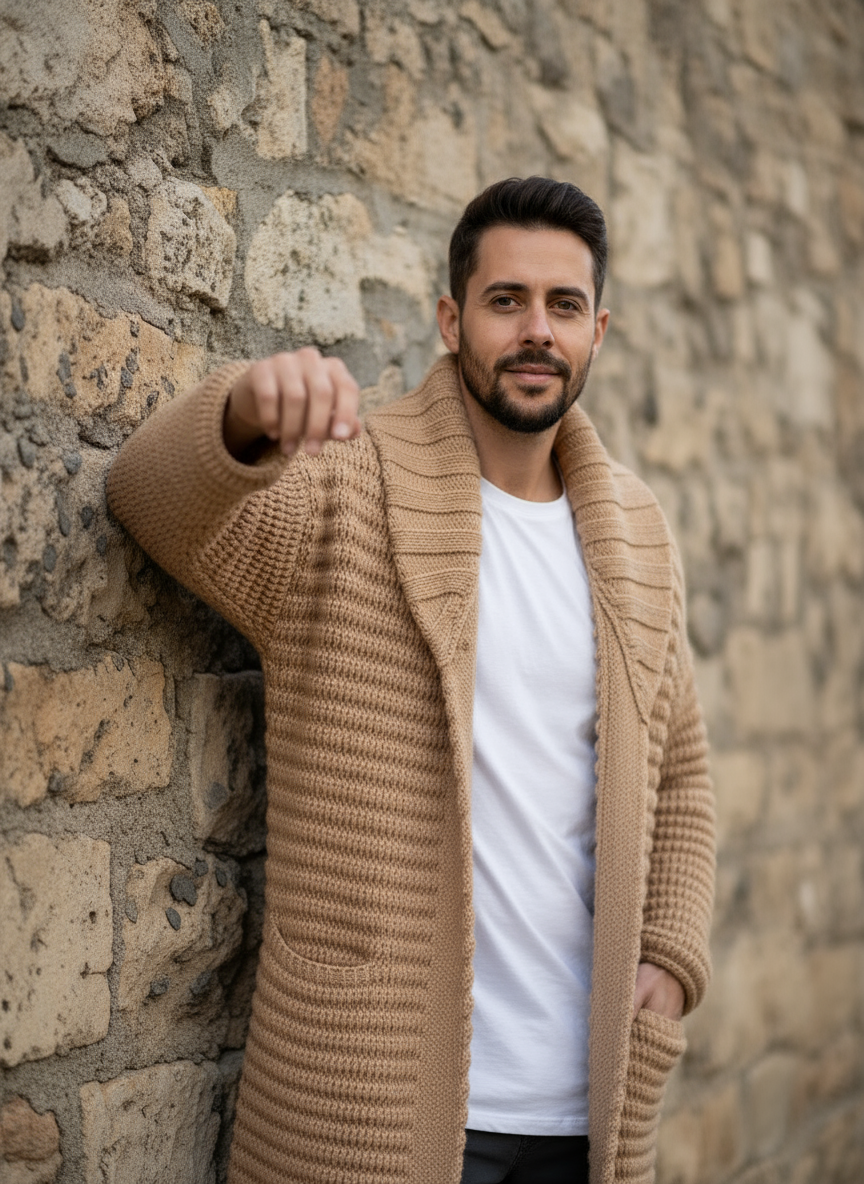 Leo Cardigan Lungo a Coste con Collo a Revers in Misto Cotone