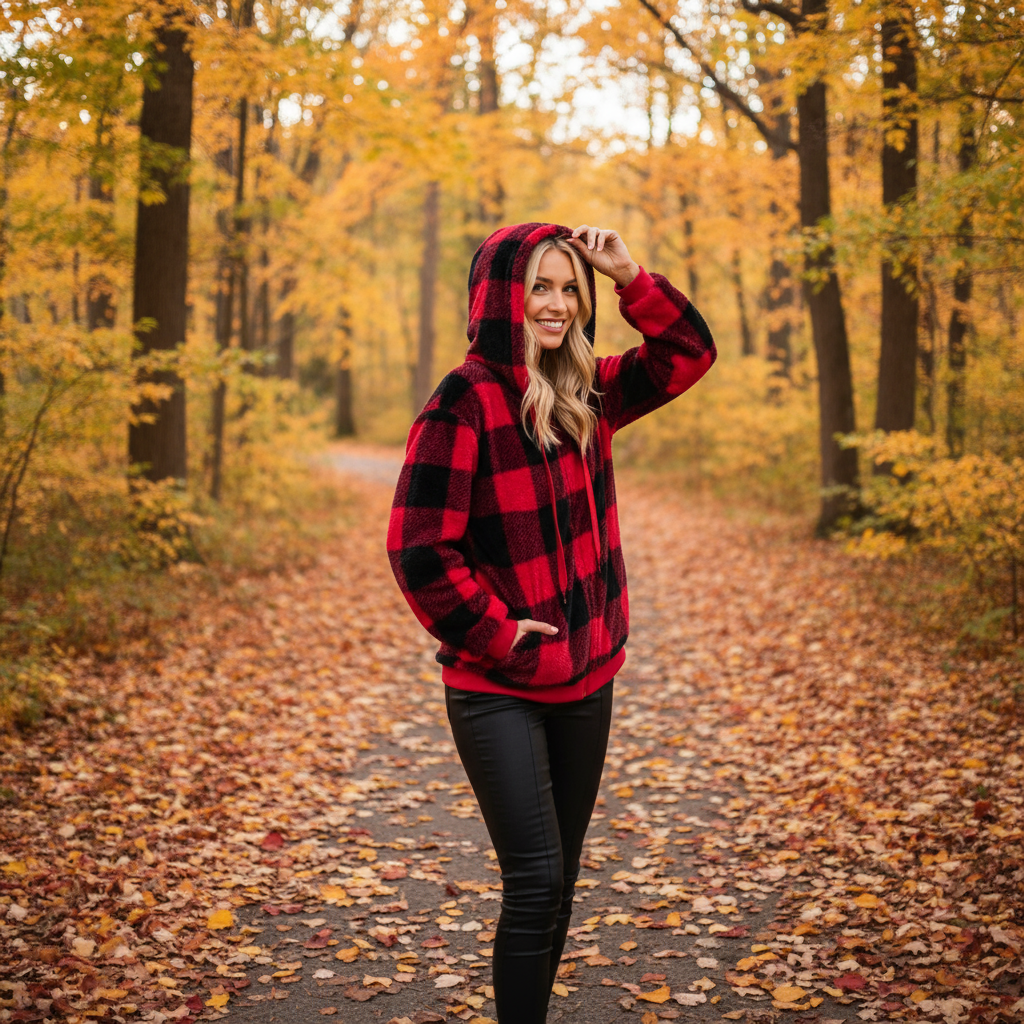 Dana Maglione con Cappuccio in Pile Plaid Donna