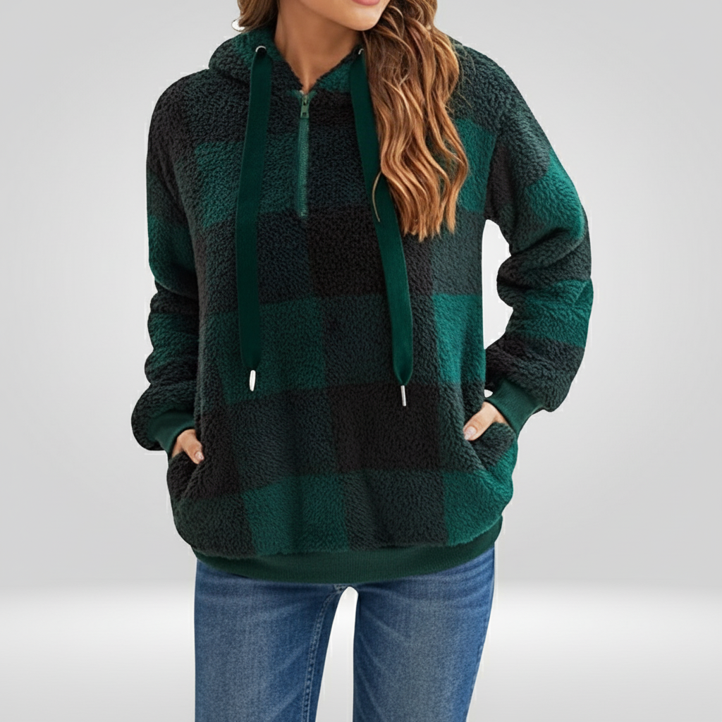 Dana Maglione con Cappuccio in Pile Plaid Donna