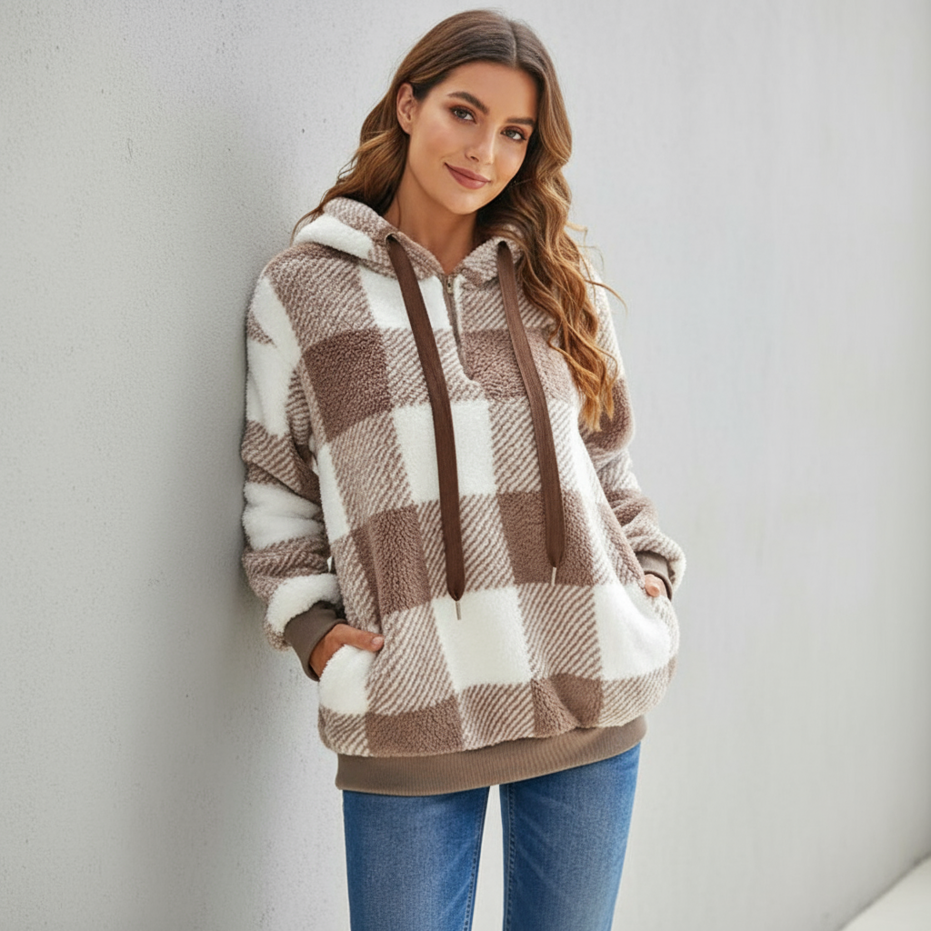 Dana Maglione con Cappuccio in Pile Plaid Donna