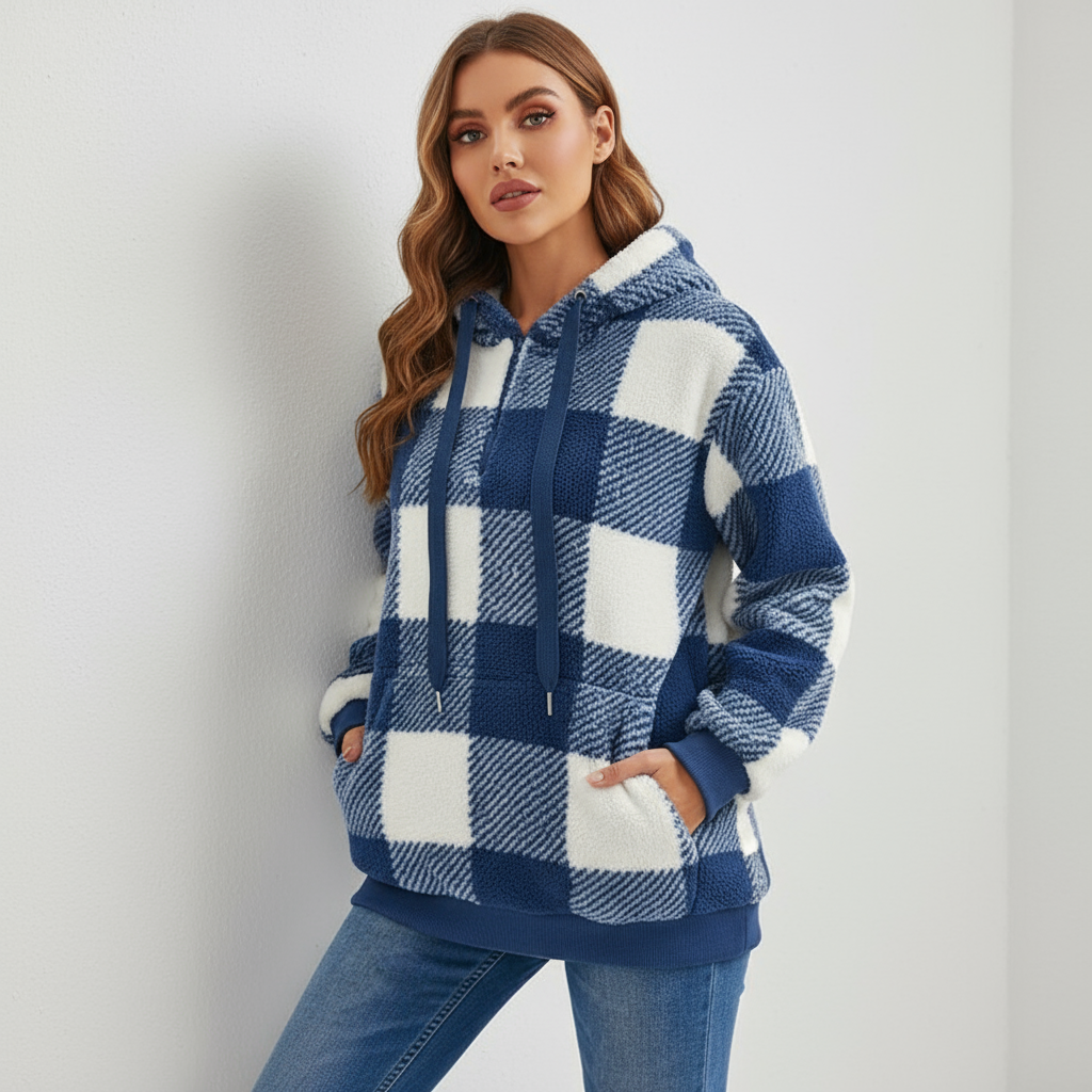 Dana Maglione con Cappuccio in Pile Plaid Donna