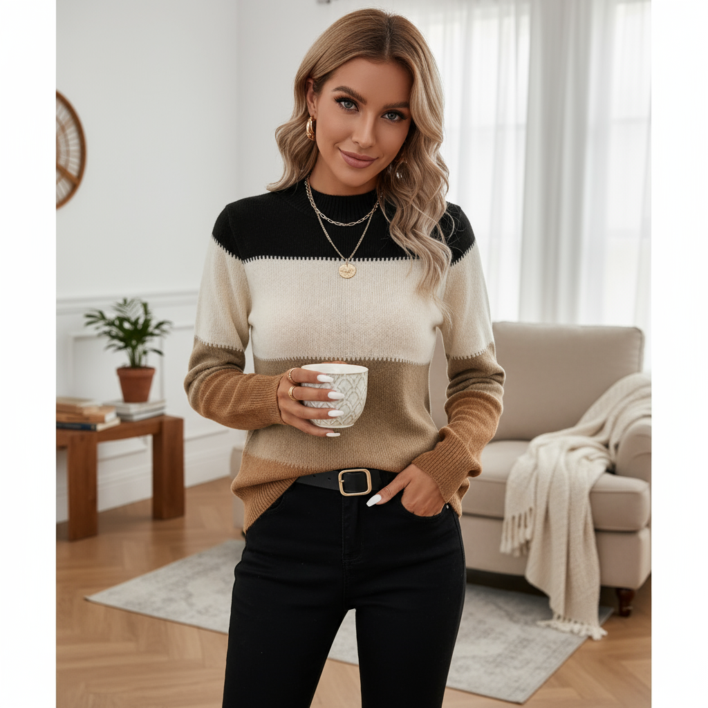 Maglione a Blocchi di Colore con Collo Alto - Edna