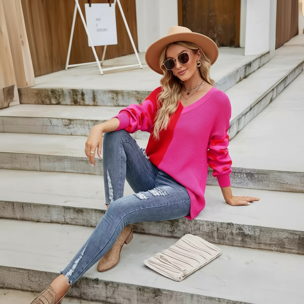 Maglione a Blocchi di Colore in Maglia Chic