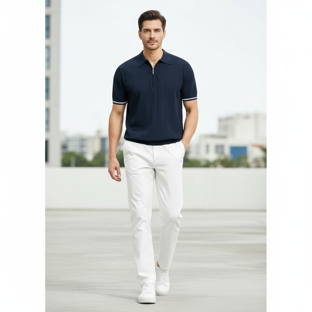 Stephen Polo in Maglia Zip con Righe Verticali Blu Scuro