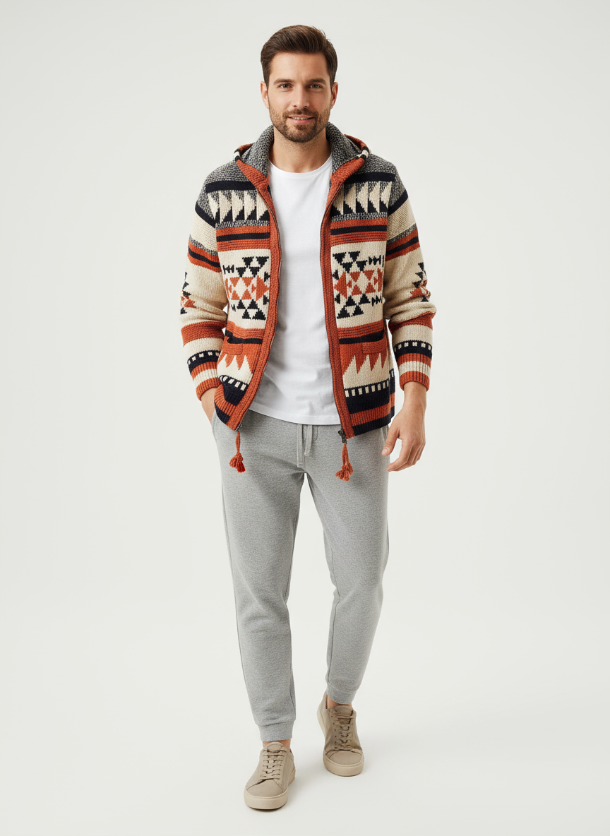 Dexter Cardigan  in jacquard geometrico con zip e collo alto