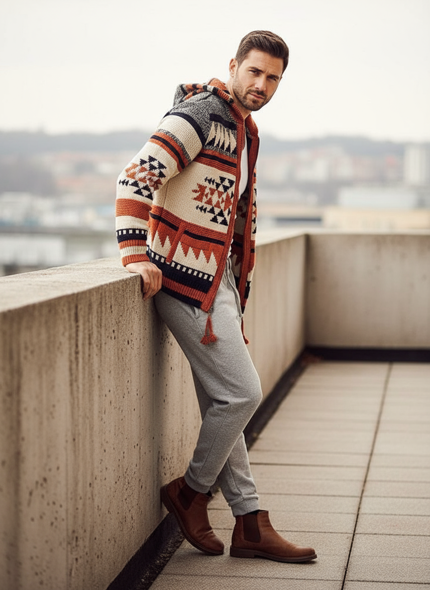 Dexter Cardigan  in jacquard geometrico con zip e collo alto