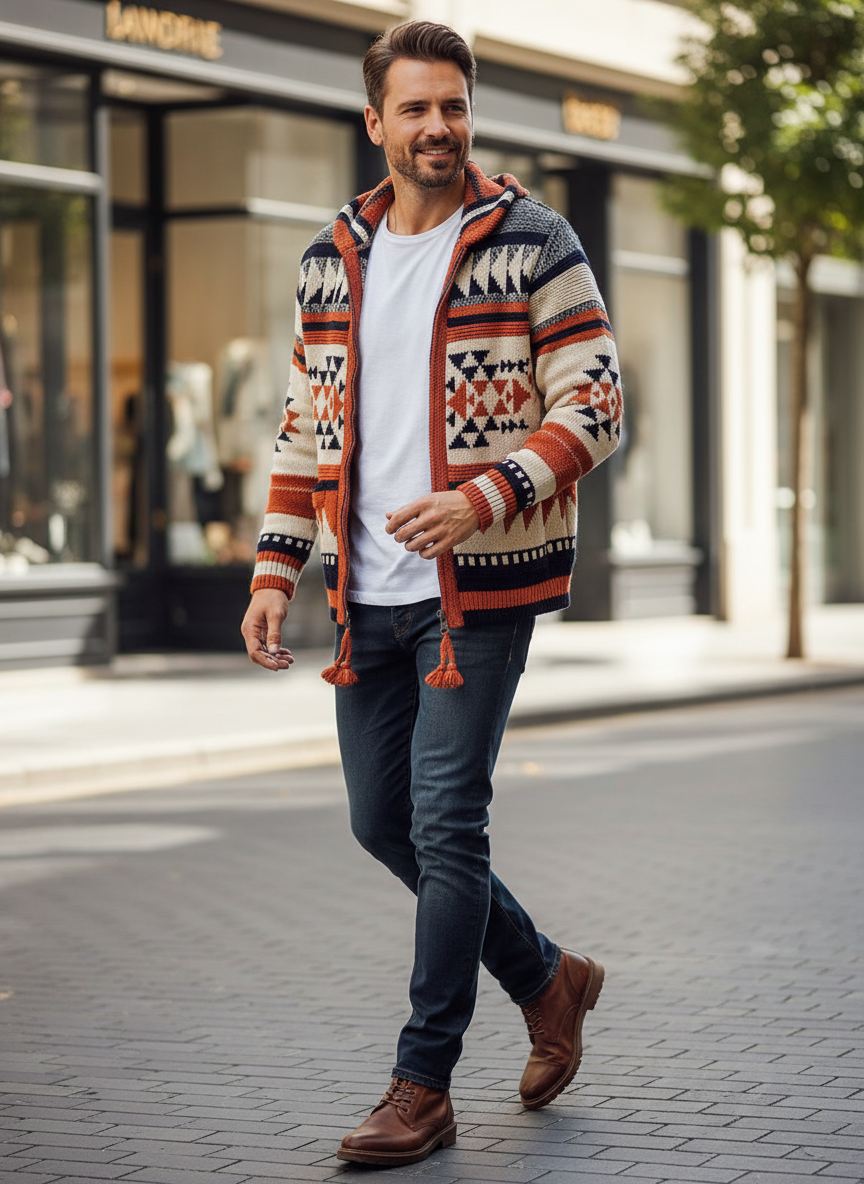 Dexter Cardigan  in jacquard geometrico con zip e collo alto