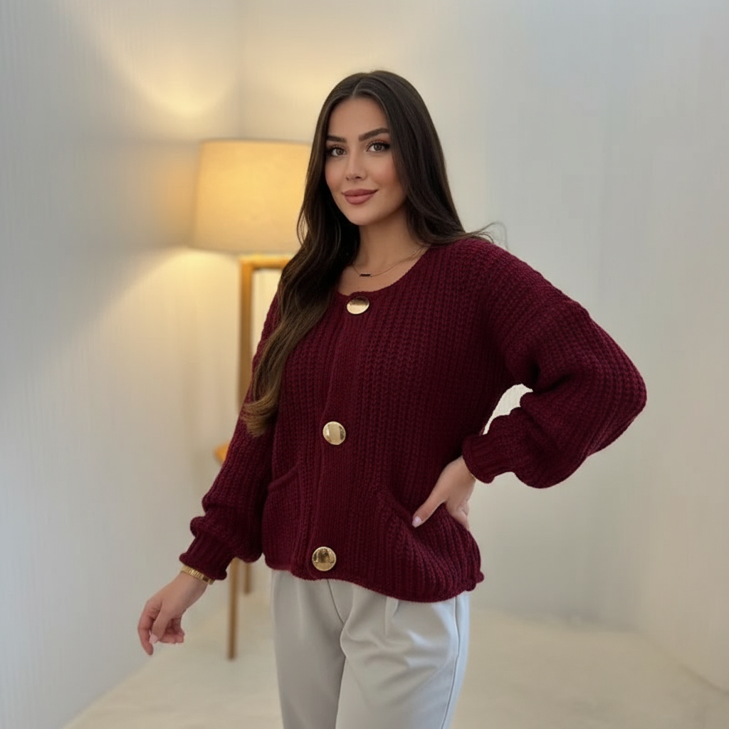 Cardigan In Maglia Grossa Bordeaux con Bottoni