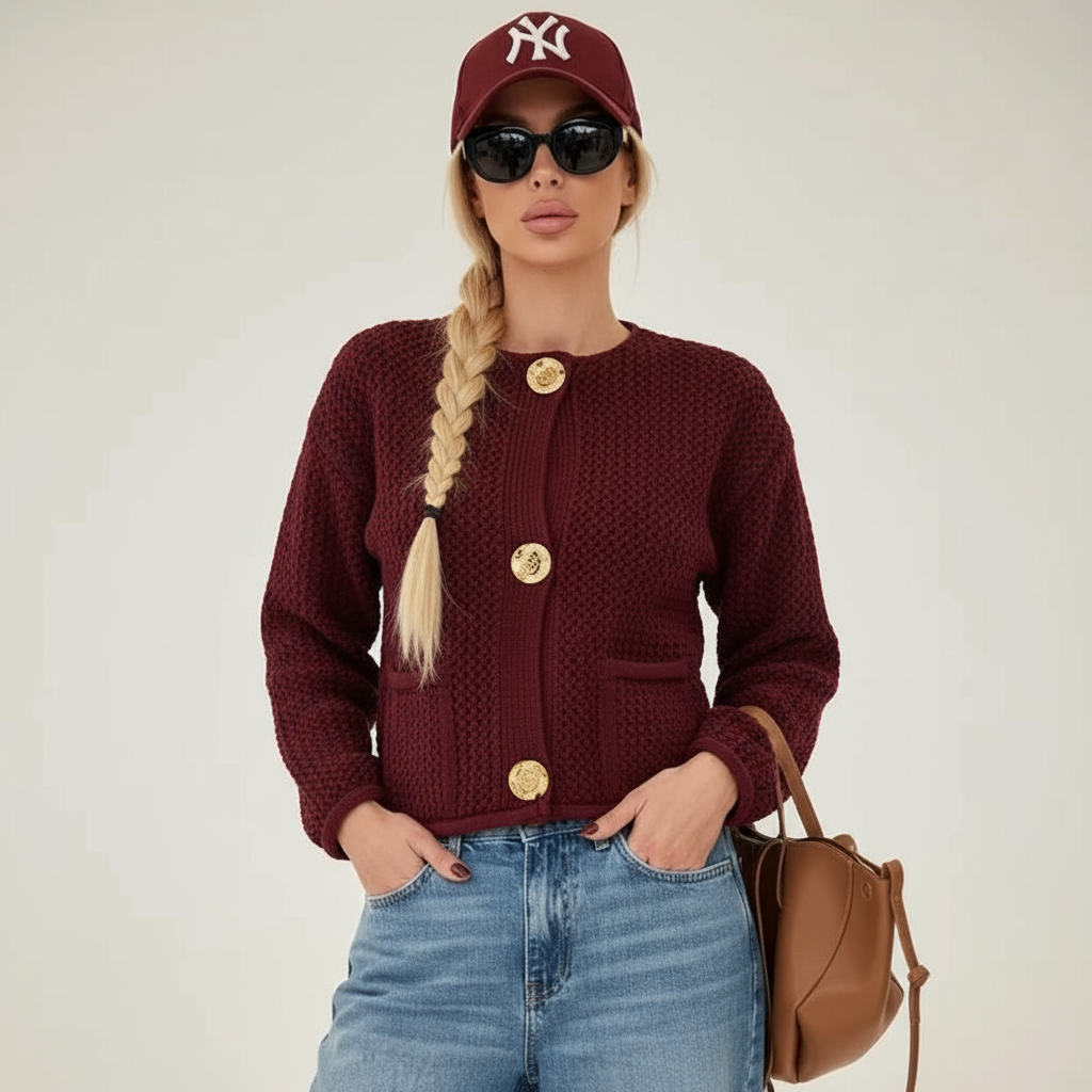 Cardigan In Maglia Grossa Bordeaux con Bottoni