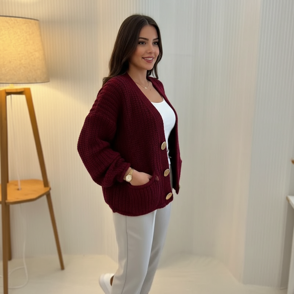 Cardigan In Maglia Grossa Bordeaux con Bottoni