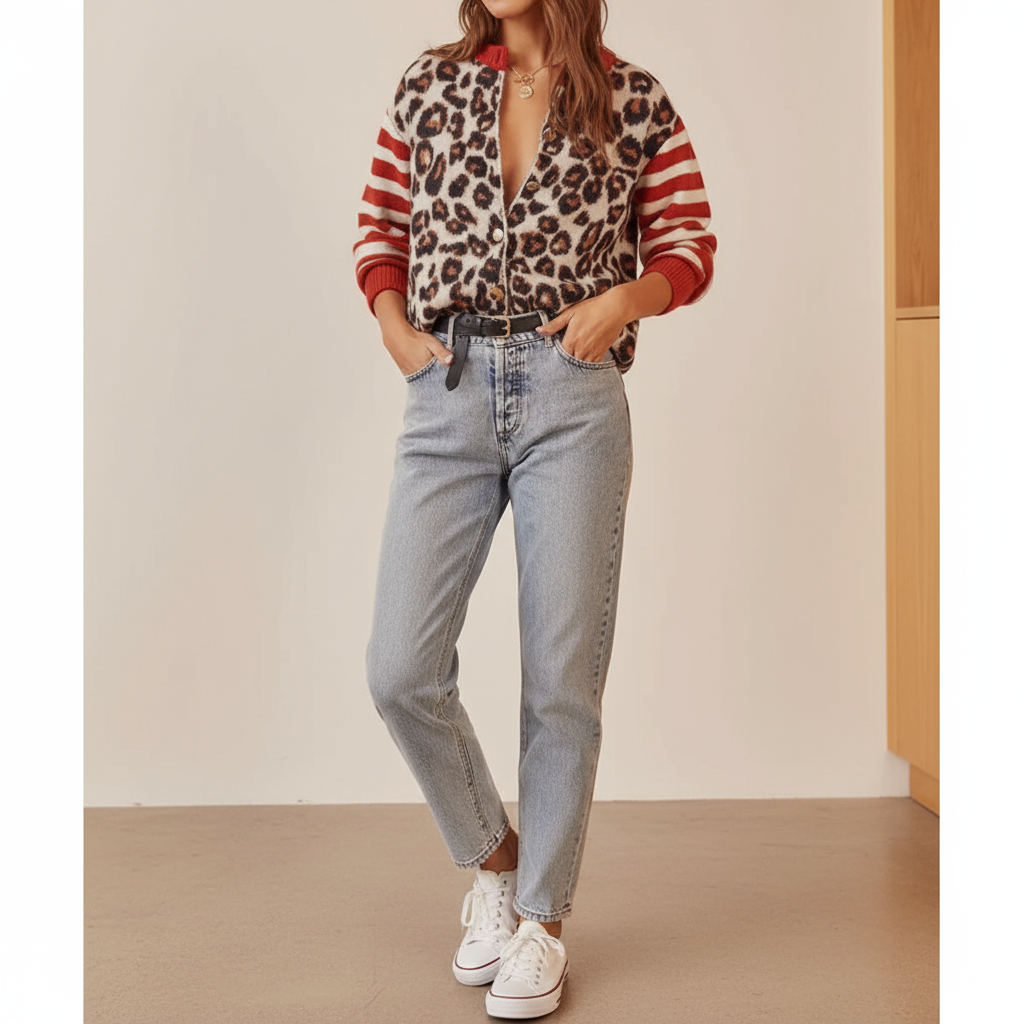 Philomena Cardigan Leopardato con Strisce Rosse