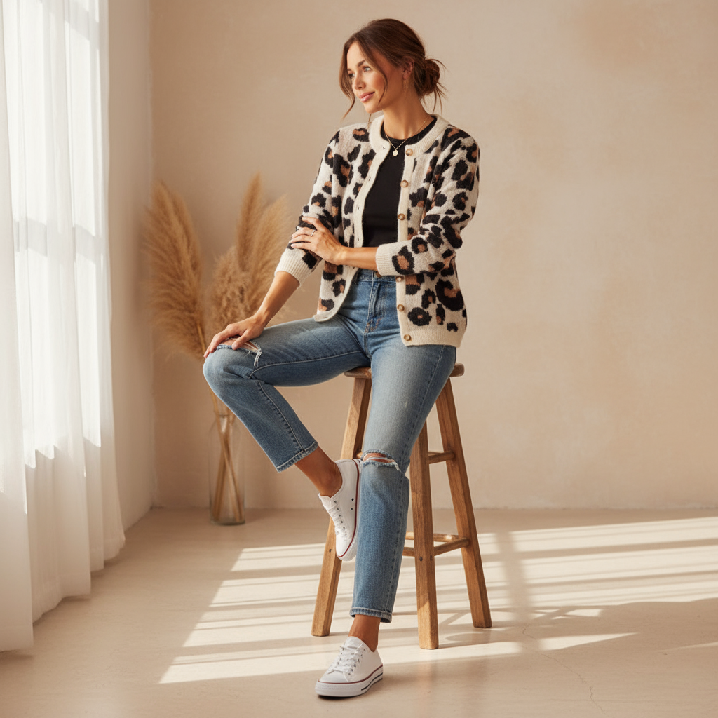 Philomena Cardigan Leopardato con Strisce Rosse