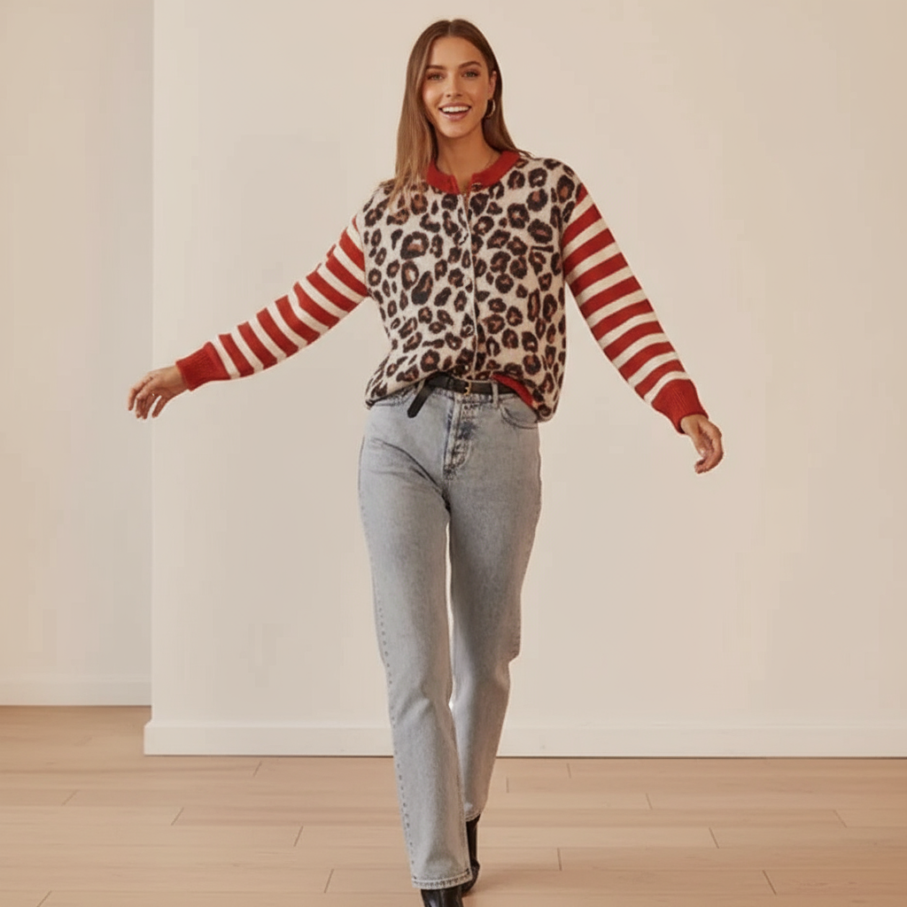 Philomena Cardigan Leopardato con Strisce Rosse