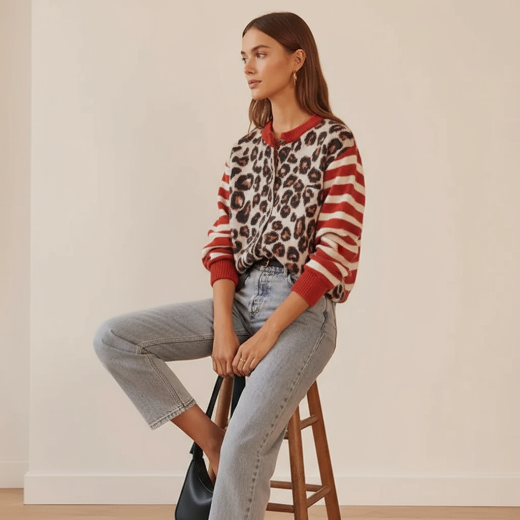 Philomena Cardigan Leopardato con Strisce Rosse