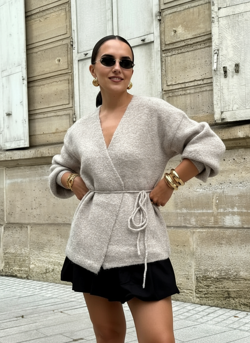 Gertrude Cardigan Effetto Wrap in Maglia Cinturellato