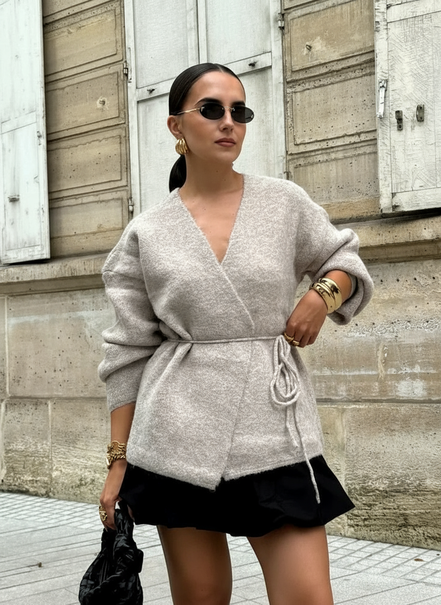 Gertrude Cardigan Effetto Wrap in Maglia Cinturellato