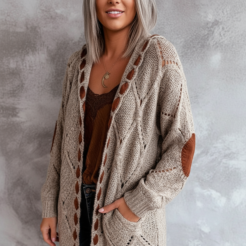 Cardigan Lungo a Maglia Stile Bohémien con Patch