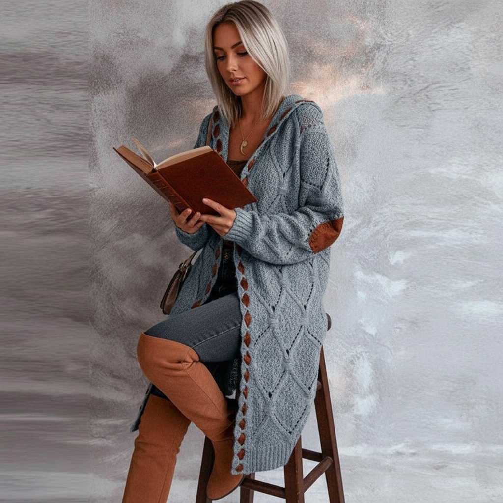 Cardigan Lungo a Maglia Stile Bohémien con Patch