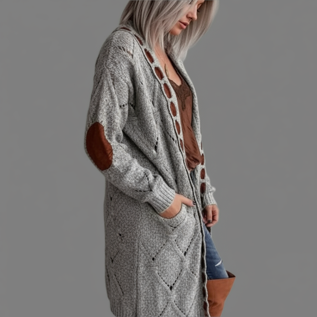 Cardigan Lungo a Maglia Stile Bohémien con Patch