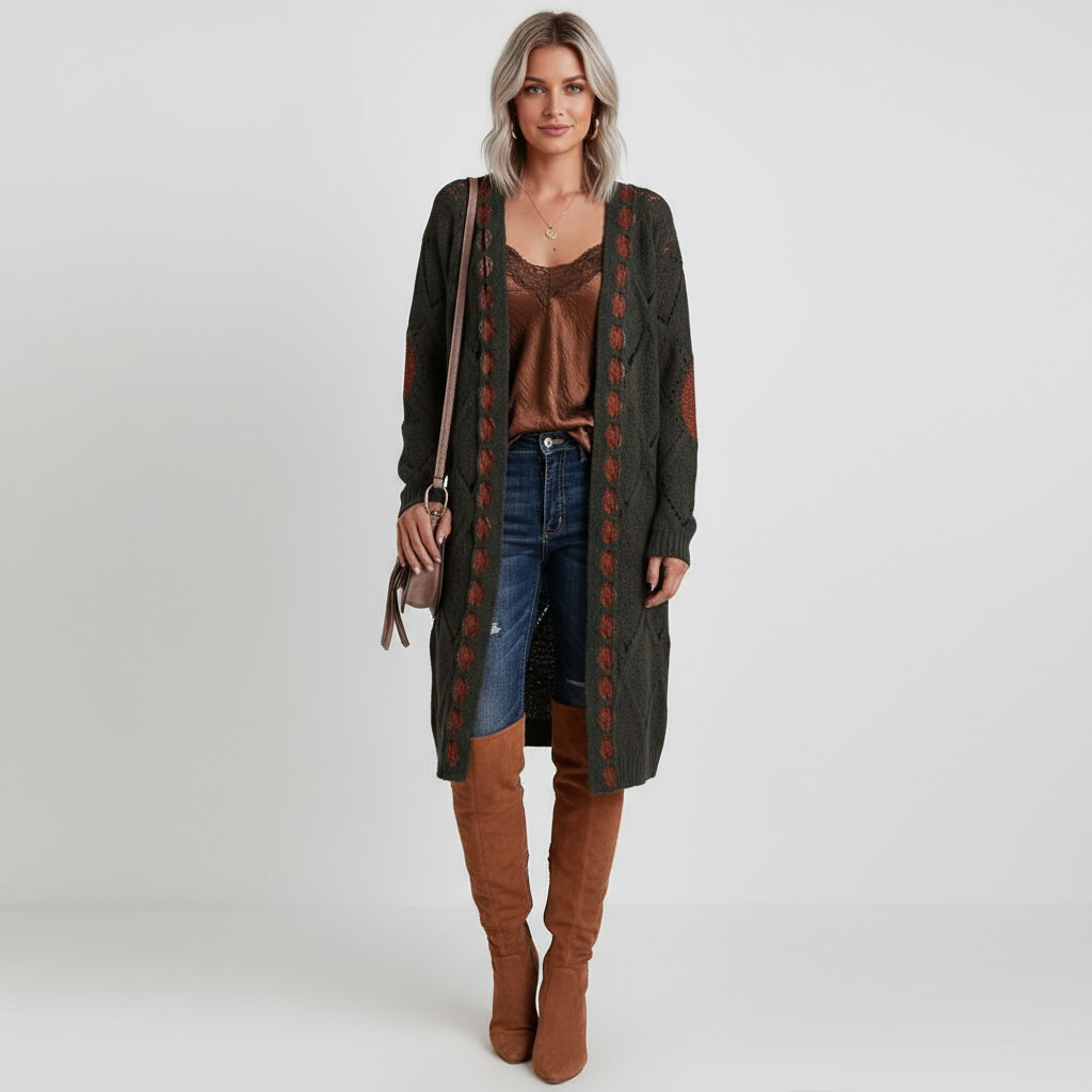 Cardigan Lungo a Maglia Stile Bohémien con Patch